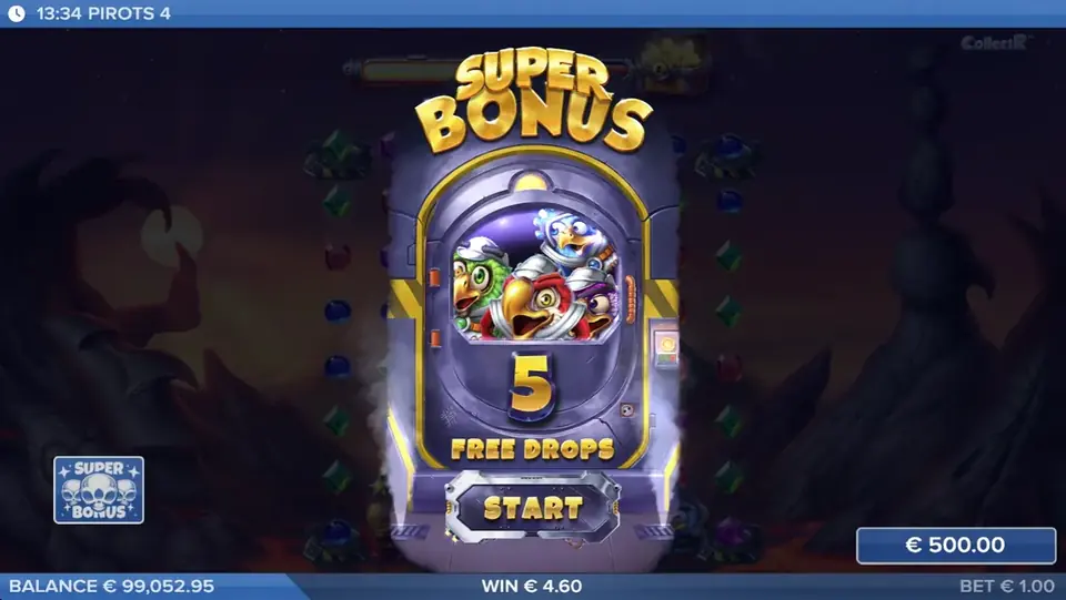 Pirots 4 bonusmodus med Free Drops aktivert i Inferno