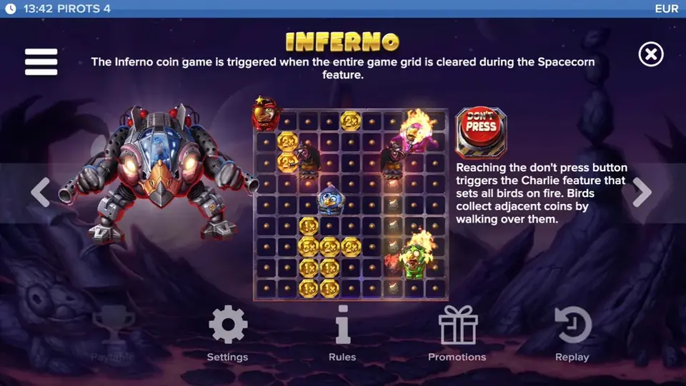 Pirots 4 utbetalingstabell nivå 7 med symboler og verdier i Inferno