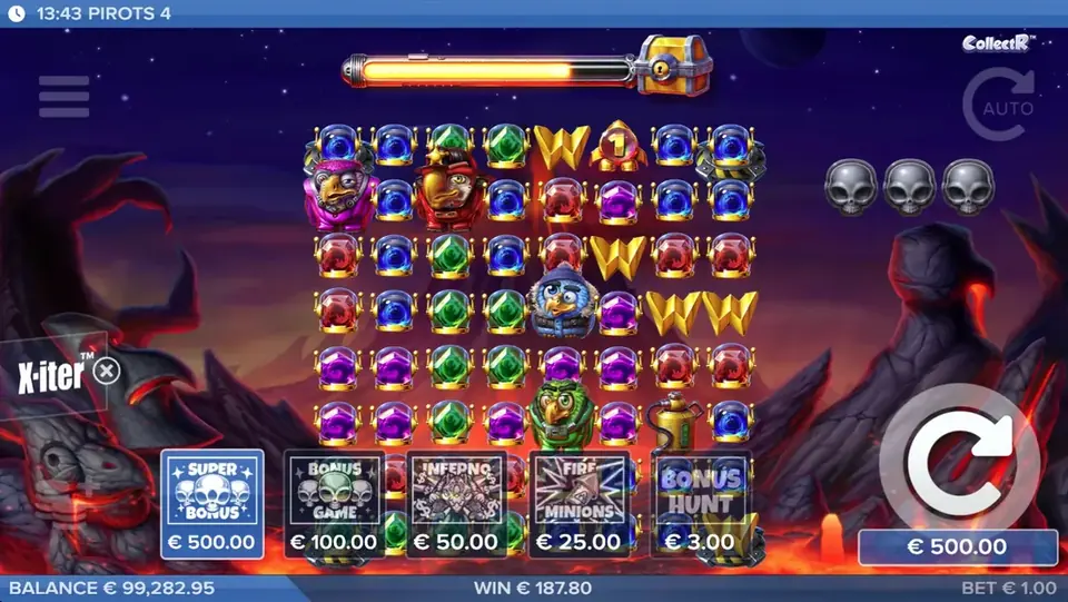 Pirots 4 startskjerm i demo-modus for Inferno-verdenen