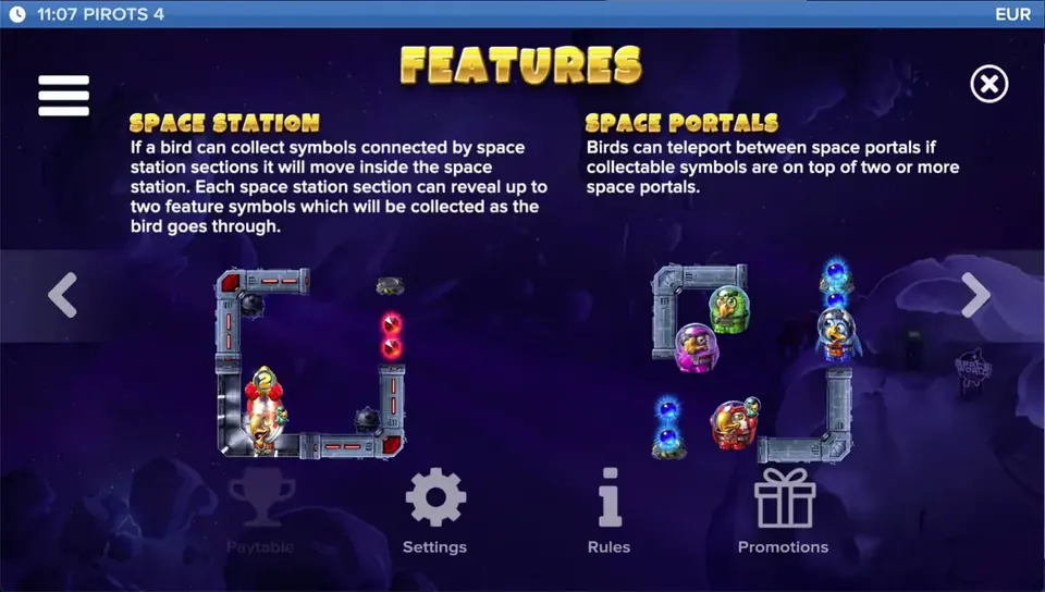 Pirots 4 utbetalingstabell nivå 6 med symboler og verdier i Lost in Space