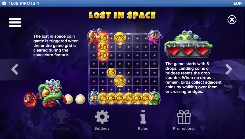 Pirots 4 utbetalingstabell nivå 7 med symboler og verdier i Lost in Space