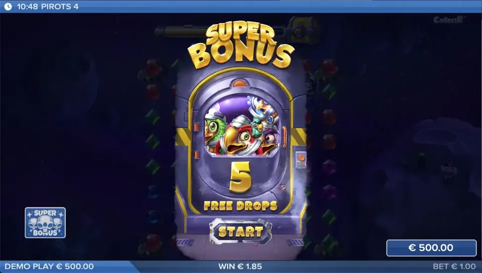 Pirots 4 superbonusmodus med Free Drops aktivert i Lost in Space