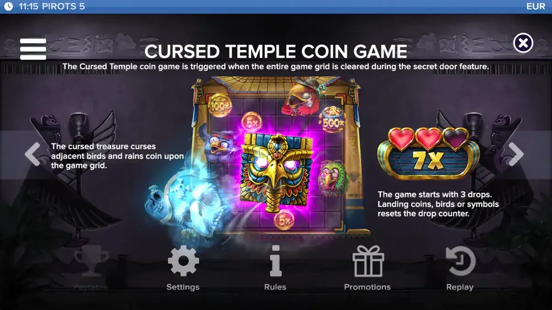 Pirots 5 Cursed Temple myntspill Hold and Win