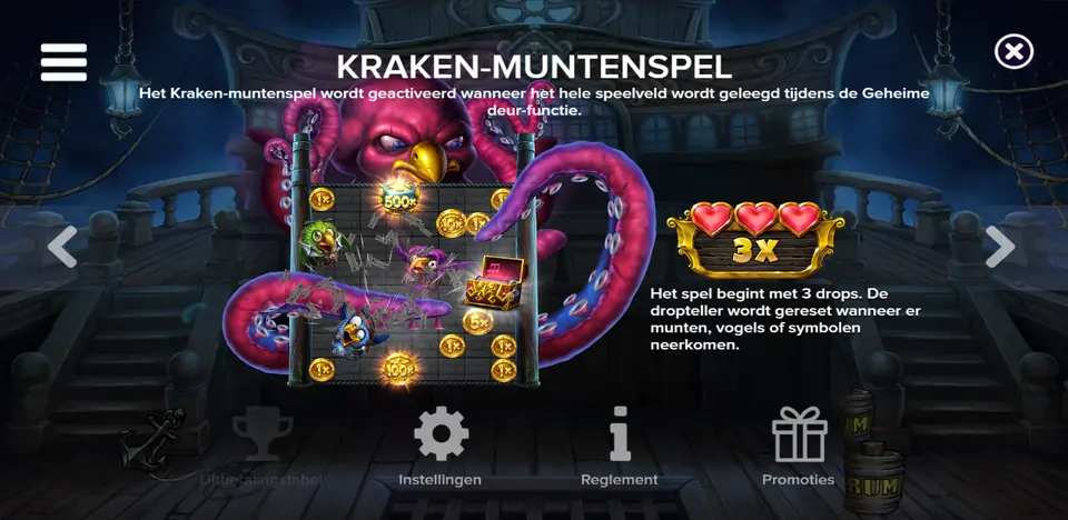 Infoskjerm med fellene i Pirots 5 The Kraken: pilfelle, ankerfelle og hemmelig dør
