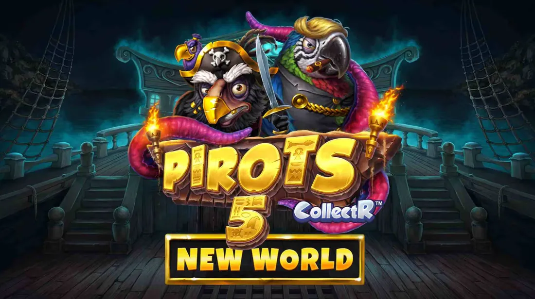 Pirots 5 New World reklamebanner med Captain Redfeather, Aaron og Krakens tentakler