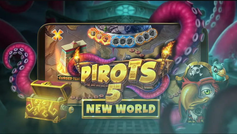 Pirots 5 The Kraken på mobil med verdensvelgeren Cursed Temple øverst