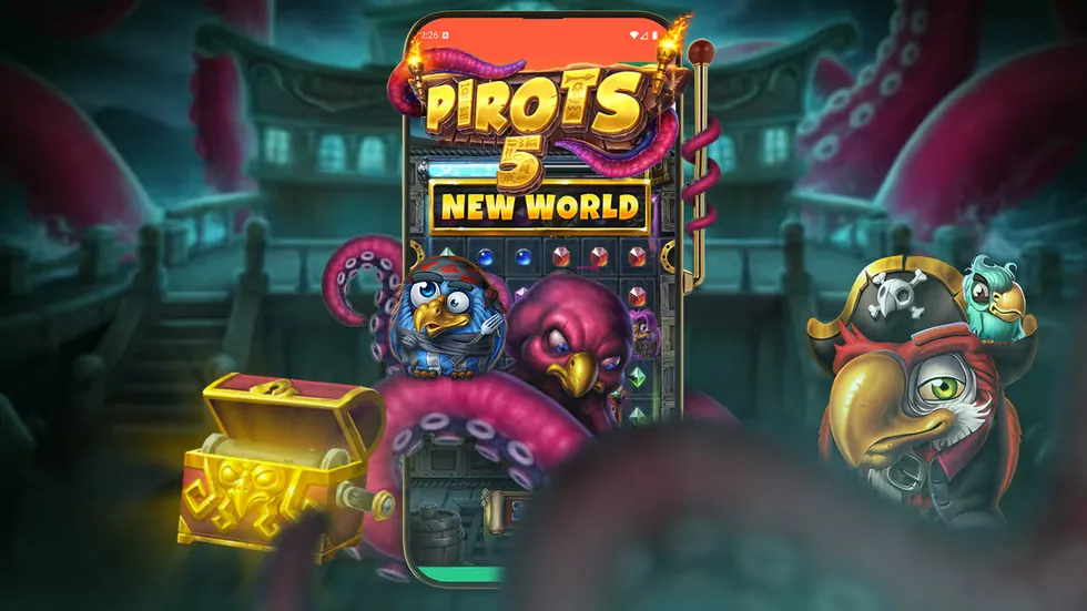 Pirots 5 The Kraken på en smarttelefon med spillebrett, skattekiste og tentakler