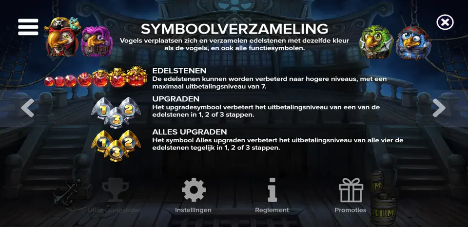 Infoskjerm om symbolinnsamling og oppgradering av edelstener i Pirots 5 The Kraken